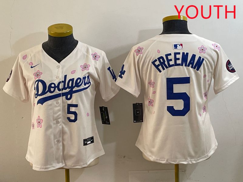 Youth Los Angeles Dodgers 5 Freeman Cream Sakura Edition 2025 Nike MLB Jersey style 6